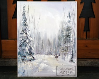 Dipinto a olio di paesaggio invernale: scena nella foresta innevata del Minnesota con cervi, 16x20"