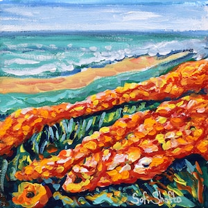 California Painting Original Poppy Acrylic Small Seascape Wall Art Landscape Beach Yellow Golden Poppies Flowers Canvas 6x6 by Sofi Shafto