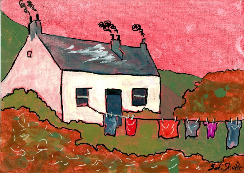 Scotland Painting Farmhouse Original Art Scottish Highland Cottage Original Wall Art Decor 5x7” House Artwork by Sofi Shafto