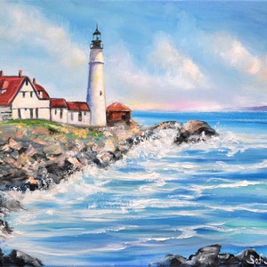 Lighthouse Oil Painting on Canvas Seascape Wall Art, Portland Head light, Maine Original Artwork 16x20 by Sofi Shafto image 1