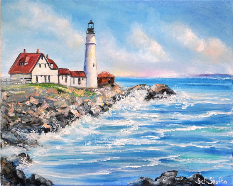 Lighthouse Oil Painting on Canvas Seascape Wall Art, Portland Head light, Maine Original Artwork 16x20 by Sofi Shafto image 1