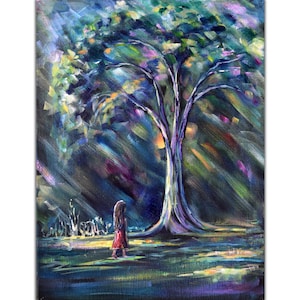 Tree Girl Painting Acrylic Landscape Original Artwork on Canvas 12X16&quot; Colorful Wall Art by SofiShafto