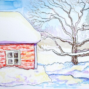 Winter Painting Original Watercolor Winter Minnnesota Original Art Tree Artwork Barn Rural Landscape  by Sofi Shafto