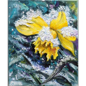 Daffodil Painting Floral Impasto Original Artwork Small Flower Painting Canvas 8x10&quot; Wall Art Yellow Flower by Sofi Shafto