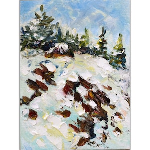 Mountain Painting Mount Rainier Original Art Winter Landscape Pine Tree Original Artwork Small Wall Art Oil Painting 5x7&quot; by Sofi Shafto