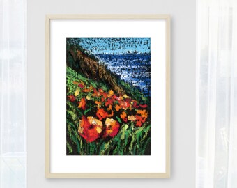 ACEO Original Art California Poppy Painting ACEO Big Sur Art Seascape California Small Colorful Pastel Artwork 2.5x3.5" Shore by Sofi Shafto