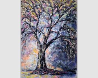 Tree Painting Original Soft Pastels Artwork Modern Colorful Tree of Life Art 6x9" by Sofi Shafto Art