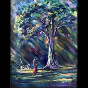 Pintura acrílica de la chica del árbol: paisaje colorido sobre lienzo (30,5 x 40,6 cm)