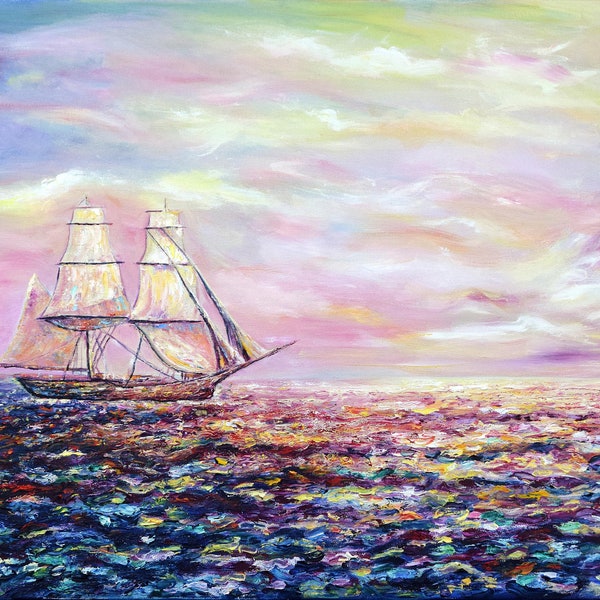 Sailing Ship Painting Seascape Original Artowrk Ocean Large Canvas Art 24x36" Above Sofa Art Sea Nautical Wall Art, Sofi Shafto Art