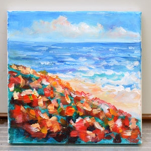 Poppy Painting California Original Art Seascape Artwork Original Acrylic Small Poppies on Canvas 8x8&quot; Wall Art Landscape by Sofi Shafto