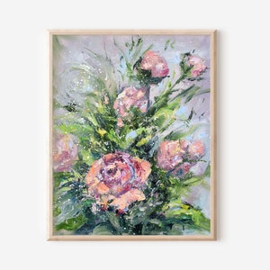 Floral Paitning Roses Original Art Peony Canvas Wall Art Oil Painting Pink Peonies Flowers Impasto 11X14&quot; Artwork by SofiShafto