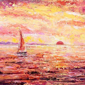 Laguna Beach Painting Impasto Seascape Original Artwork California Sailboat Sunset 11x14&quot; Wall Art Panel by Sofya Shafto