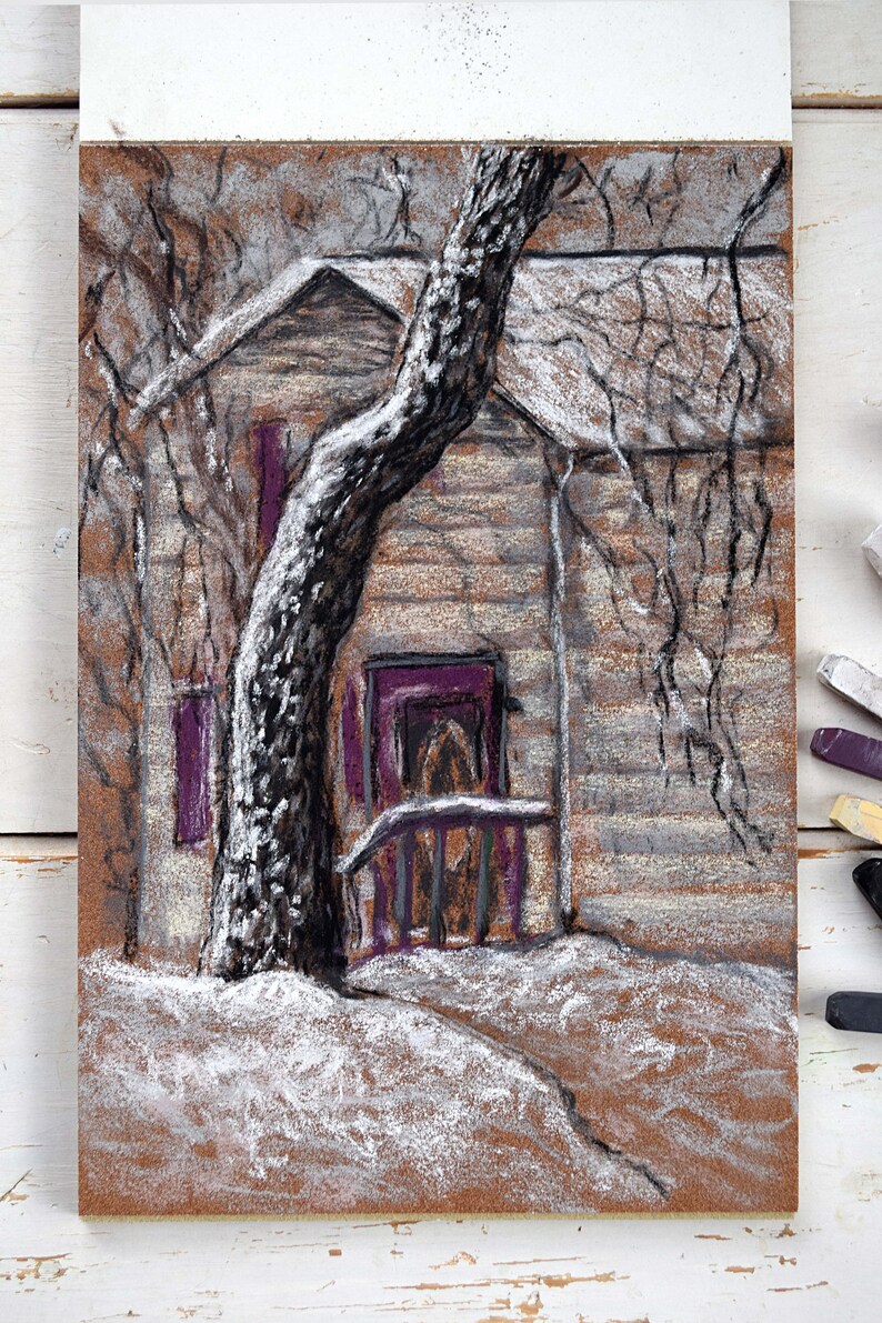Winter Tree House Painting Original Soft Pastels Landscape Artwork 6x9 by Sofi Shafto Art