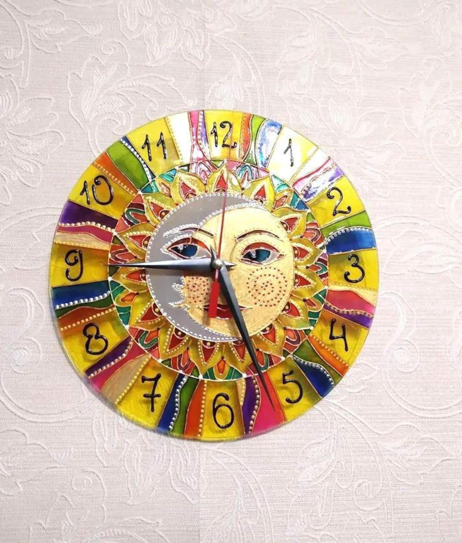 Rainbow stained glass wall clock Sun Moon 9 Unique Etsy