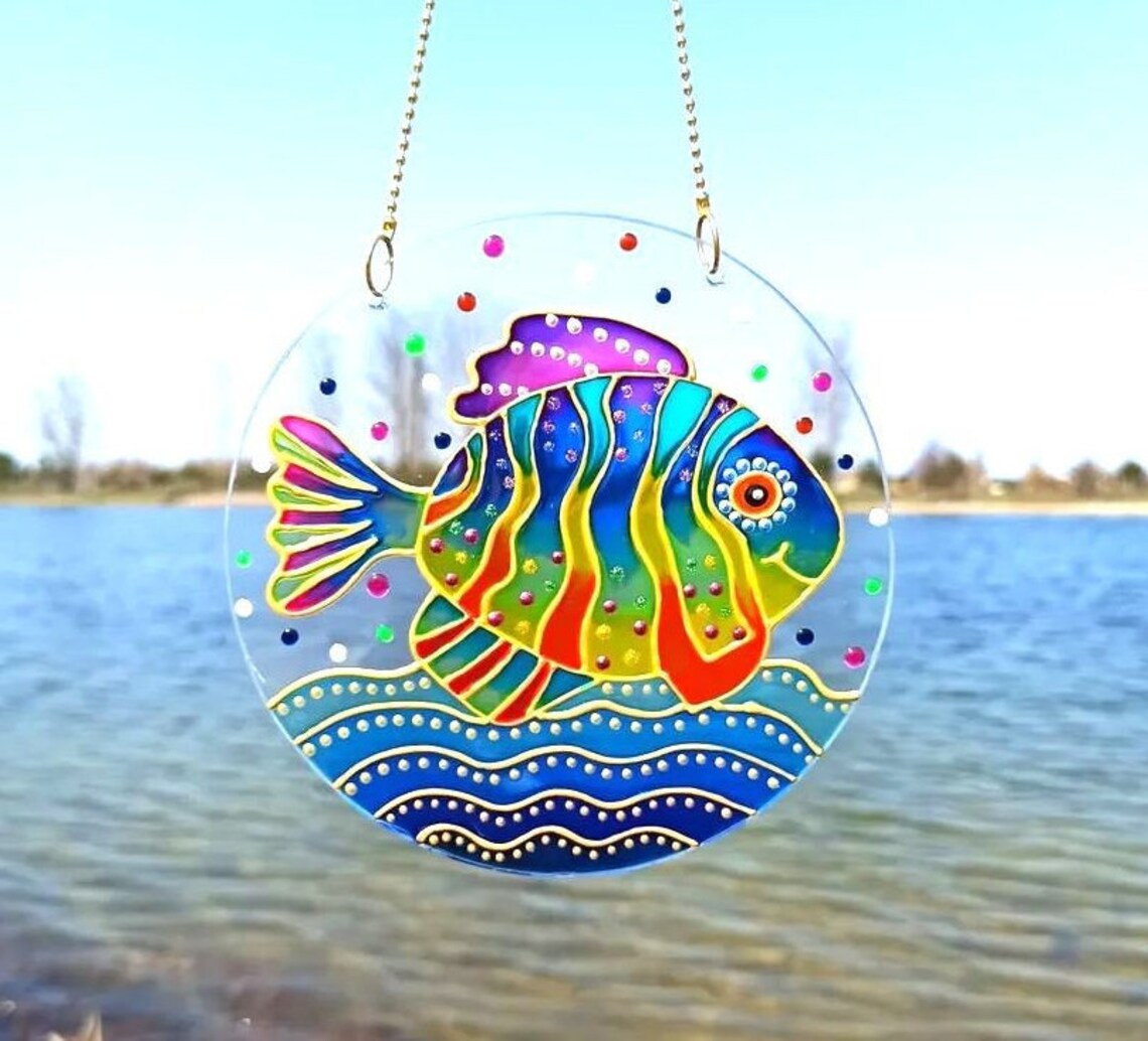 Personalized hand painted glass rainbow fish decor Window Etsy