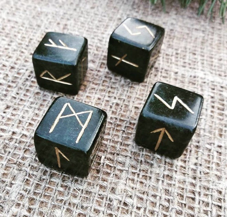 Dark green serpentinite stone cubes rune set Scandinavian | Etsy