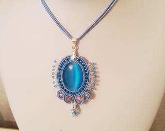 Blue soutache pendant, stone cat's eye.