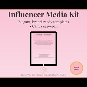 May include: A pink digital product graphic with the text "Influencer Media Kit" and "Elegant, brand-ready templates - Canva easy-edit." A tablet displays "About + Contact" information. The graphic also includes the text "Summer Rose Luxe - Elegant Canva Templates for Creators."