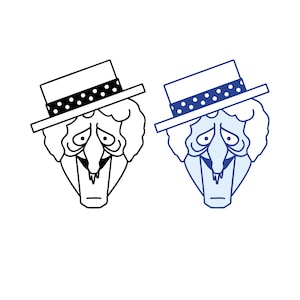 May include: Two illustrations of a person with a sad expression wearing a hat with black polka dots. The illustration on the left is in black and white, while the illustration on the right is in blue.