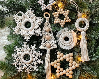 Set x 8.  Macrame Christmas Tree Ornament. Hanger. Charm. Decoration. Wreath Ornament. Boho. Holiday. XMAS