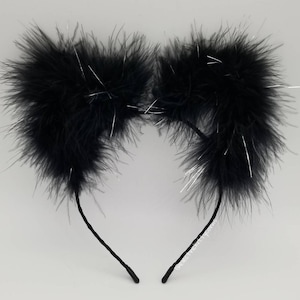 Black Fluffy Cat Ears, Electric Kittycorn Wednesday Fluffs, Black Sparkle Cat Ears Headband, Halloween Cat Ears, Black Sparkly Cat Ears