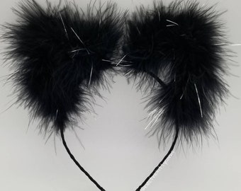 Black Fluffy Cat Ears, Electric Kittycorn Wednesday Fluffs, Black Sparkle Cat Ears Headband, Halloween Cat Ears, Black Sparkly Cat Ears