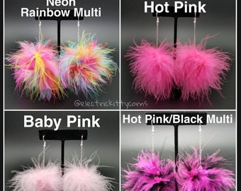 Fluffy Earings, Fluff Earrings, Marabou Feather Earrings, Electric Kittycorn Puff Earrings,  Feather Earrings, Fluffy Festival Earrings