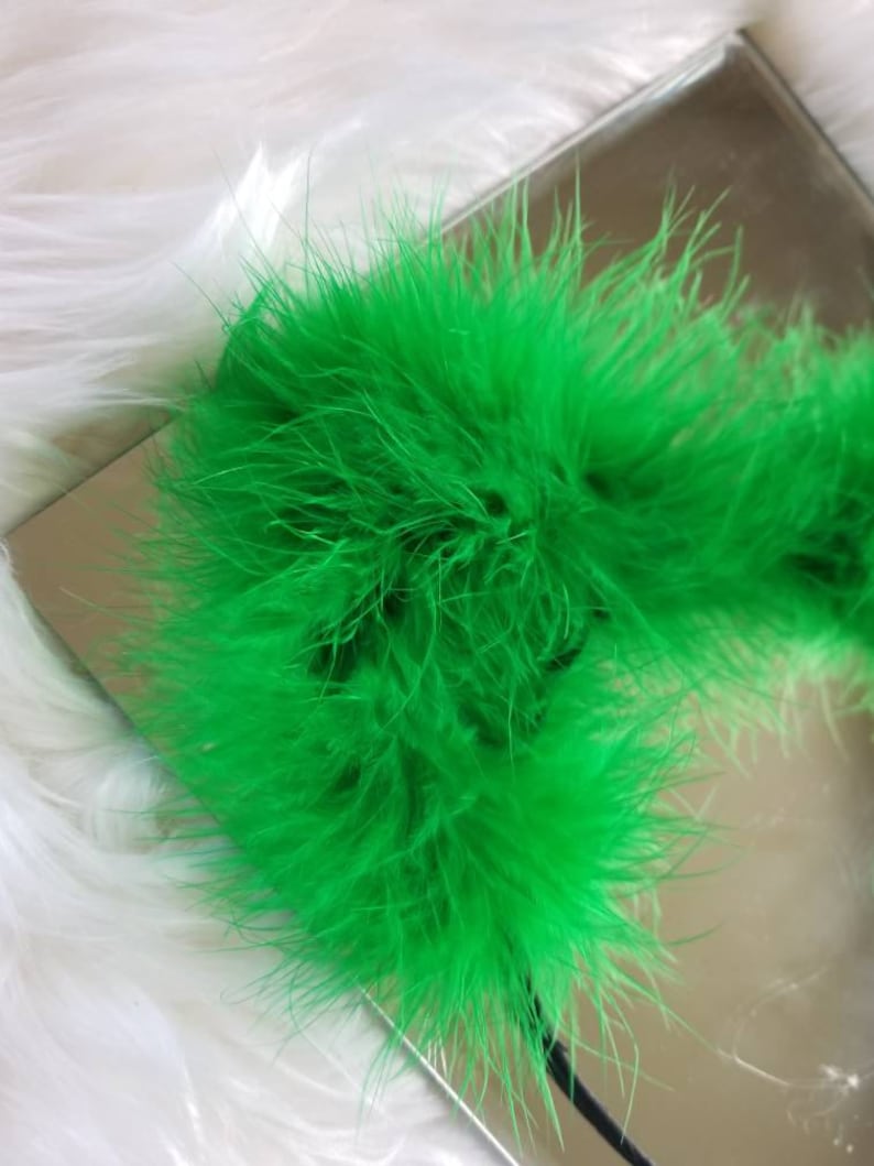 May include: A bright green feather boa. The boa is soft and fluffy, and it is perfect for adding a touch of fun to any outfit.
