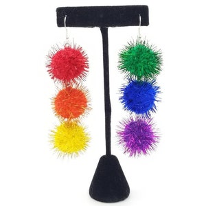 Rainbow Pom Pom Earrings, Rainbow Cascade Sparkle Pom Pom Earrings, Sparkle Rainbow Earrings, Pride Earrings, Sparkly Pom Pom Earrings