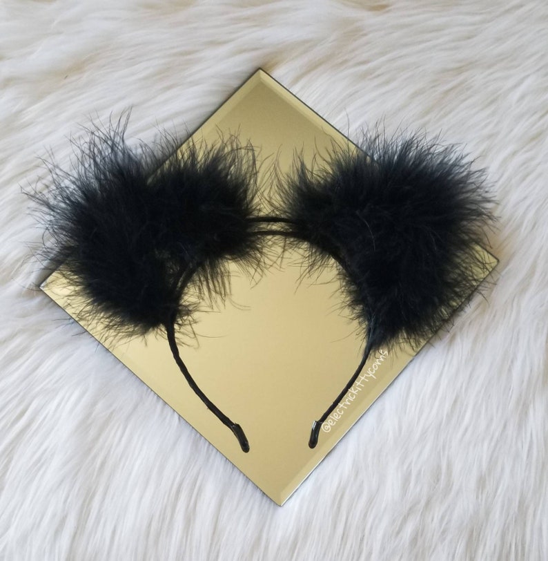Black Fluffy Cat Ears Headband Black Feather Festival Cat Etsy