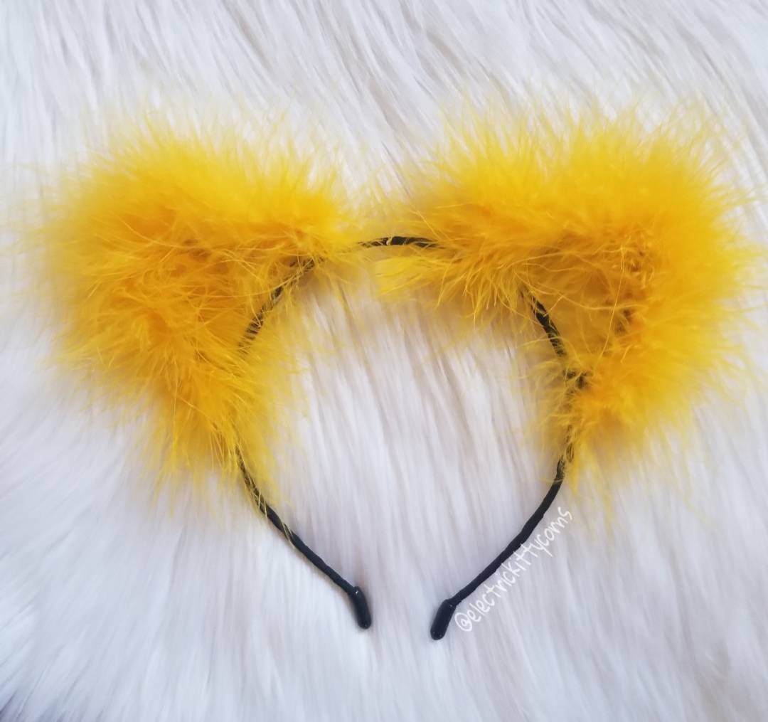 Yellow Cat Ears, Yellow Fluffy Cat Ears Headband, Yellow Feather Furry