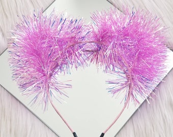 Pink Tinsel Cat Ears, Pink Iridescent Cat Ears, Pink Holographic Cat Ears, Hot Pink Soarkly Kitty Ears, Pink Festival Crown