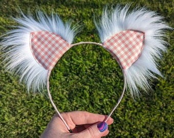 Pink Gingham Kittycorn Ears, Barbie Inspired Cat Ears, Barbie Accessories, Pink Gingham Cat Ears, Pink Checkered Faux Fur Kitty Ears