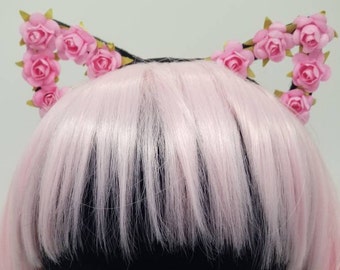 Flower Cat Ears Headband, Rose Cat Ears, Pink Flower Cat  display picture 3