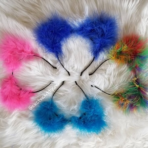 Hot Pink Cat Ears, Rainbow fluffy Cat Ears, Blue Festival Cat Ears, Fluffy Feather Kitty Ears