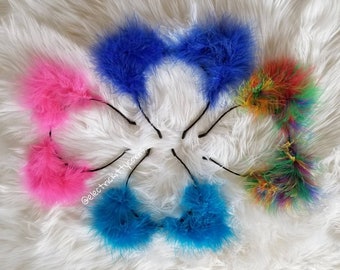 Hot Pink Cat Ears, Rainbow fluffy Cat Ears, Blue Festival Cat Ears, Fluffy Feather Kitty Ears