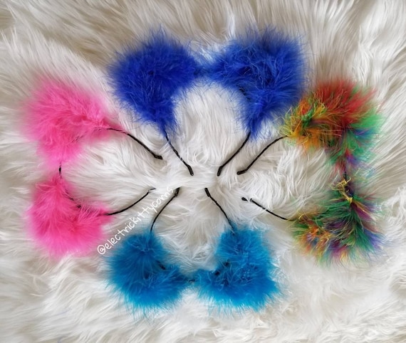 Hot Pink Cat Ears, Rainbow fluffy Cat Ears, Blue Festival Cat Ears, Fluffy Feather Kitty Ears