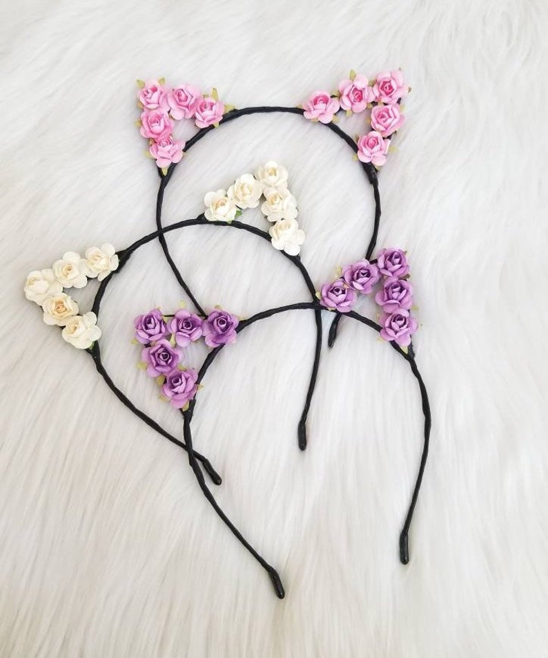 Flower Cat Ears Headband Rose Cat Ears Pink Flower Cat Ears Etsy