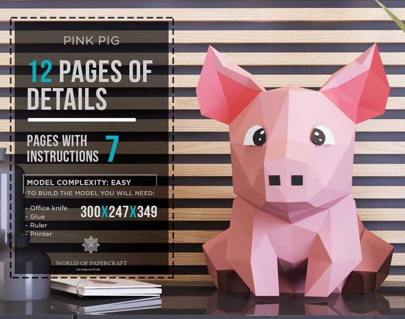 Pink Pig Paper Sculpture,Pepakura PDF Template Low Poly Pig Papercraft Pig Handmade,Christmas