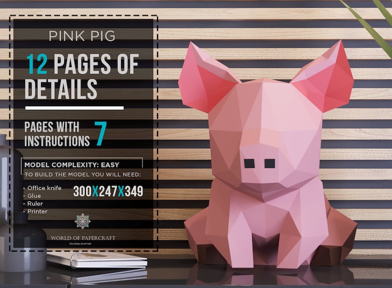 Pink Pig Paper Sculpture,Pepakura PDF Template Low Poly Pig Papercraft Pig Handmade,Christmas