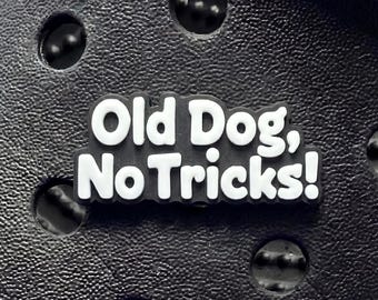 Old Dog No Tricks funny clog Charm- clog pin-shoe jewellery