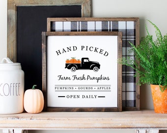 Hand Picked Pumpkins Sign | Rustic Autumn Farmhouse Décor | Handmade Seasonal Wood Wall Art | Country Fall Cottage Display