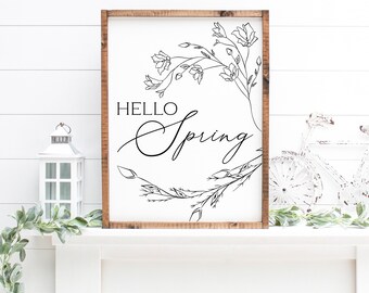 Hello Spring - Floral - Rustic, Farmhouse, Handmade and Hand Painted Seasonal Wood Sign