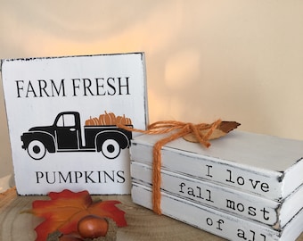 Rustic Autumn Tiered Tray Decor – Farm Fresh Pumpkin Sign & Wood Block Books