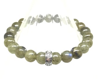 Men's Labradorite Bracelet: Greek Key Charm, 8mm Gemstone Beads