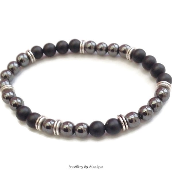 Mens bracelet | Matt black & Haematite beads |  black and silver bracelet for him