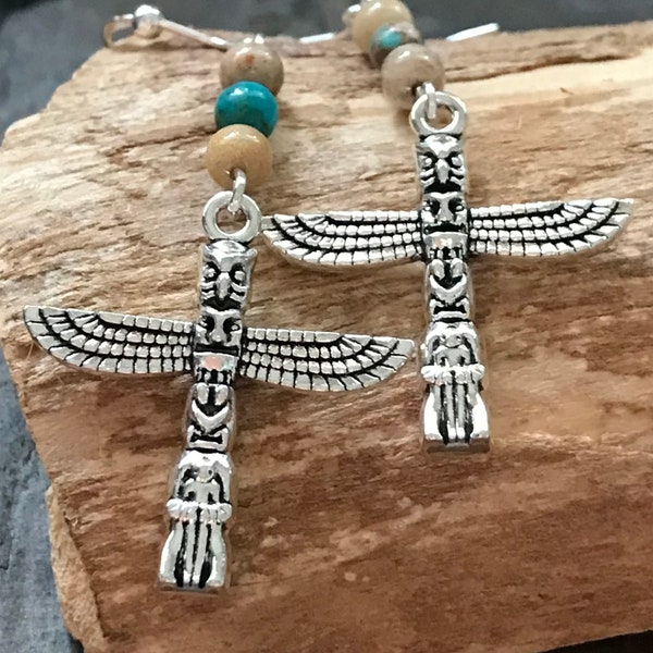 Handmade Jewellery | Totem pole earrings | Mayan charms | Jasper stones