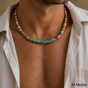 Gargantilla de concha de coco para hombre: Collar de surfista con jaspe de sedimento marino