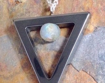 Haematite triangle pendant | Handmade jewellery | Labradorite faceted bead | silver or gold necklace