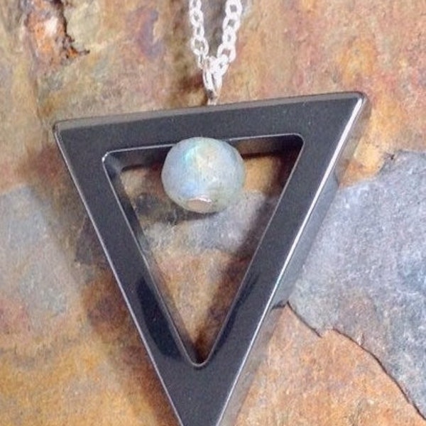Haematite triangle pendant | Handmade jewellery | Labradorite faceted bead | silver or gold necklace